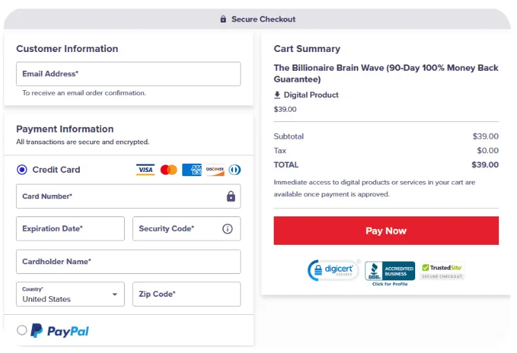 The Billionaire Brain wave Checkout Page